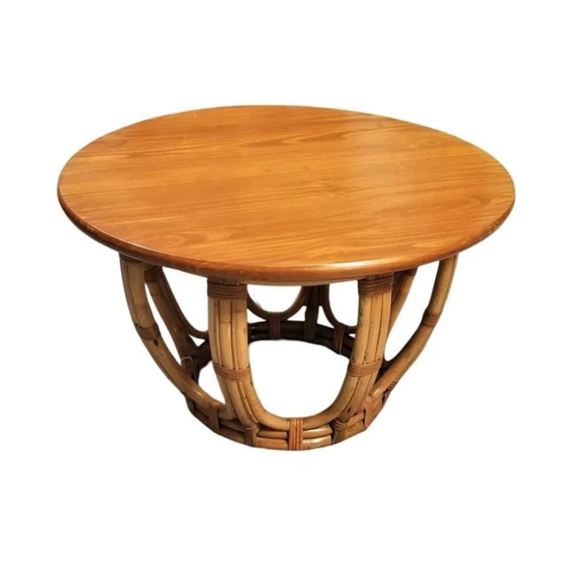 1950s Restored Mid-Century Rattan & Mahogany 3-Strand Round Drum Base Coffee Table - 4