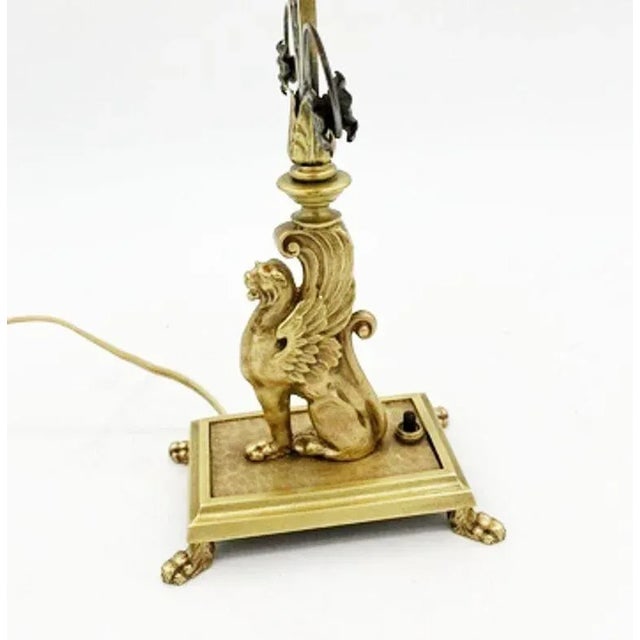 1940s Hollywood Regency Brass Scrolling Griffin Table Lamp With Lamp Shade - 3