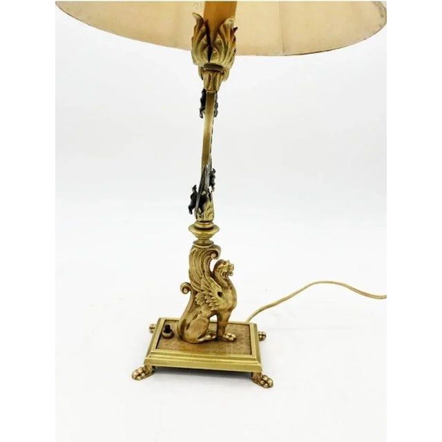 1940s Hollywood Regency Brass Scrolling Griffin Table Lamp With Lamp Shade - 4