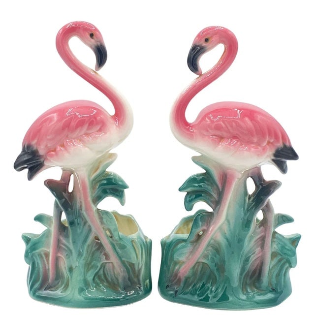 Mid-Century "Lovers" Ceramic Pink Flamingo Flower Table Planter Set, California- 2 Pieces - 2
