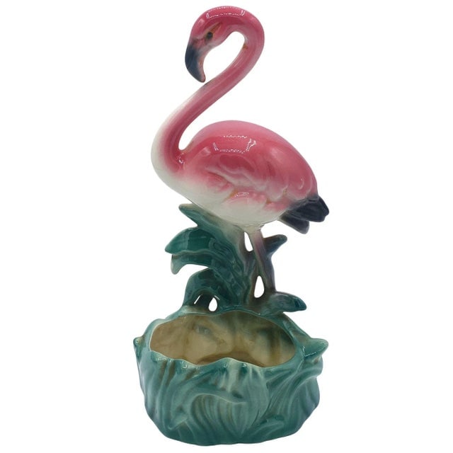 Mid-Century "Lovers" Ceramic Pink Flamingo Flower Table Planter Set, California- 2 Pieces - 5