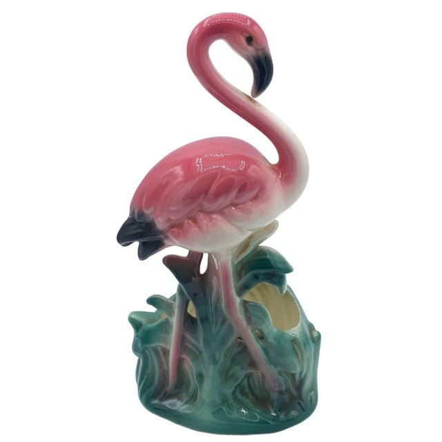 Mid-Century "Lovers" Ceramic Pink Flamingo Flower Table Planter Set, California- 2 Pieces - 7
