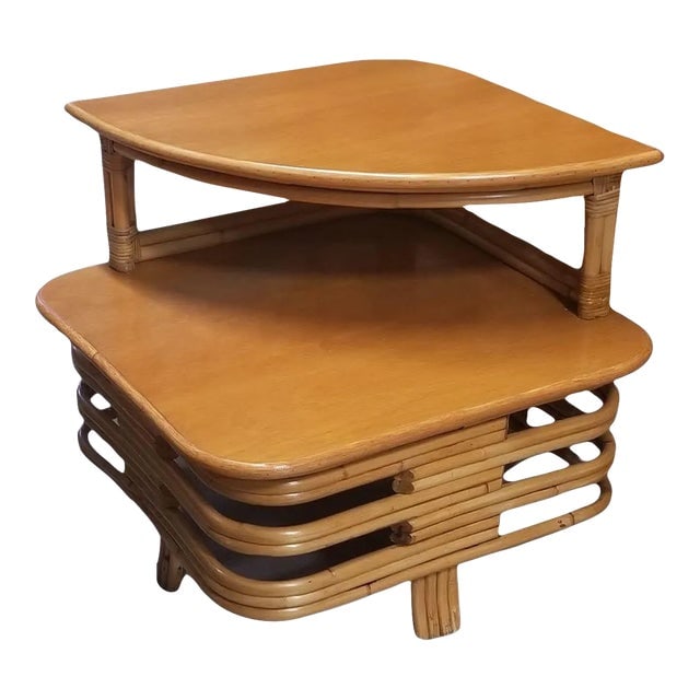 1950s Restored Ratan and Mahogany Two-Tiered Corner Table With Stacked Rattan Base (1 of 8)