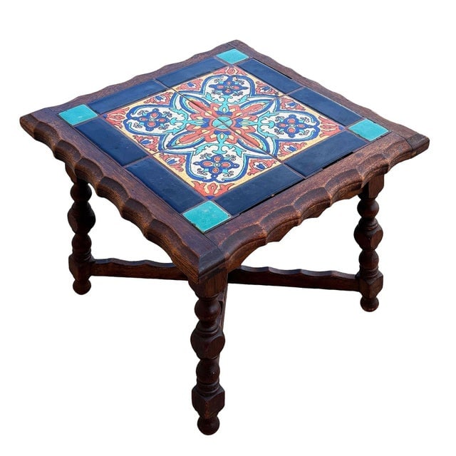 1930 Spanish Style Sculpted Dark Stained Mahogany Side Table W/ Taylor Tile-Top - 3