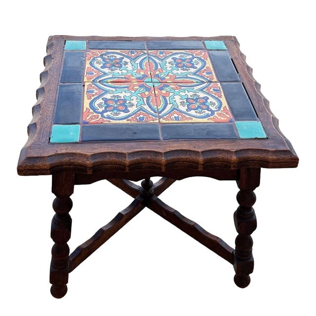 1930 Spanish Style Sculpted Dark Stained Mahogany Side Table W/ Taylor Tile-Top - 4
