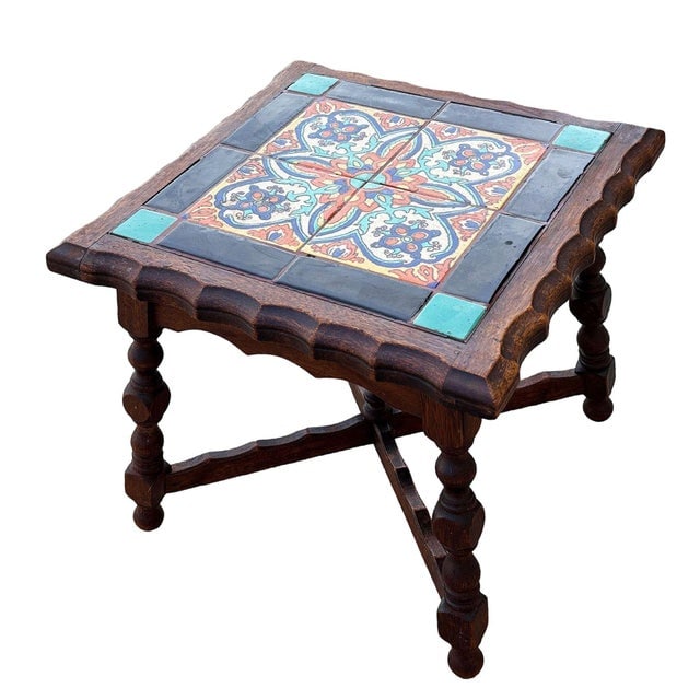 1930 Spanish Style Sculpted Dark Stained Mahogany Side Table W/ Taylor Tile-Top - 5