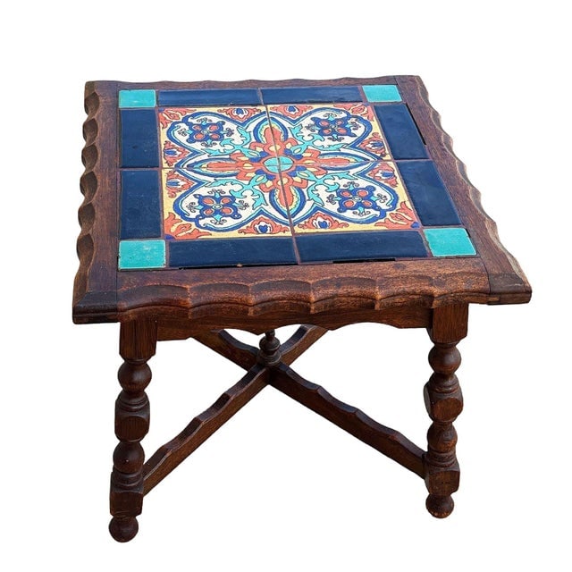 1930 Spanish Style Sculpted Dark Stained Mahogany Side Table W/ Taylor Tile-Top - 6