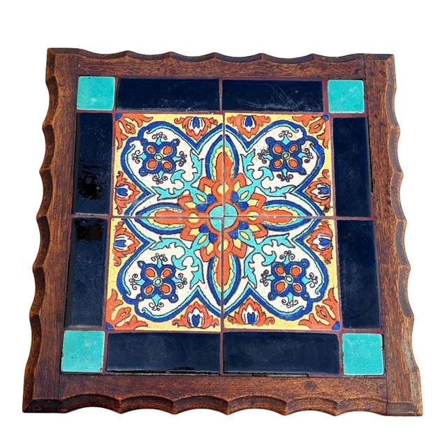 1930 Spanish Style Sculpted Dark Stained Mahogany Side Table W/ Taylor Tile-Top - 7