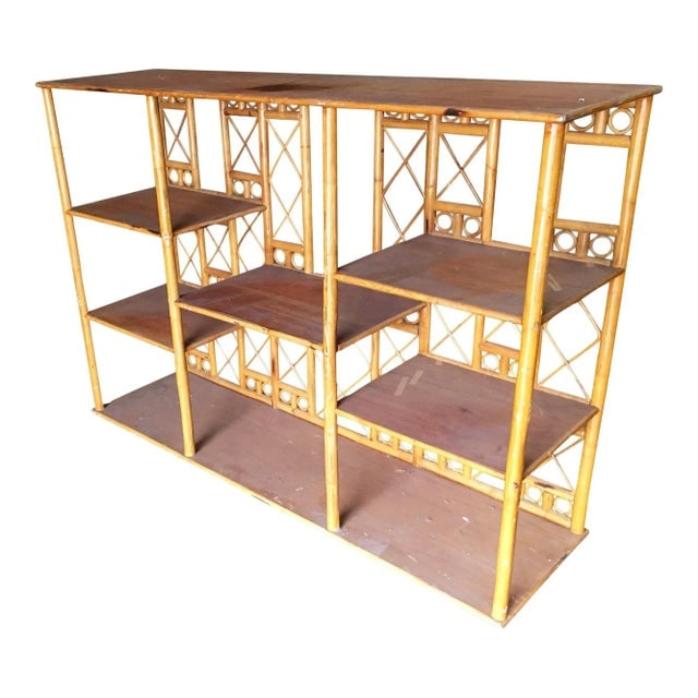 1950s Restored Rattan Seven-Tier Tic-Tac-Toe Display Shelf Wall Etagere Unit - 2