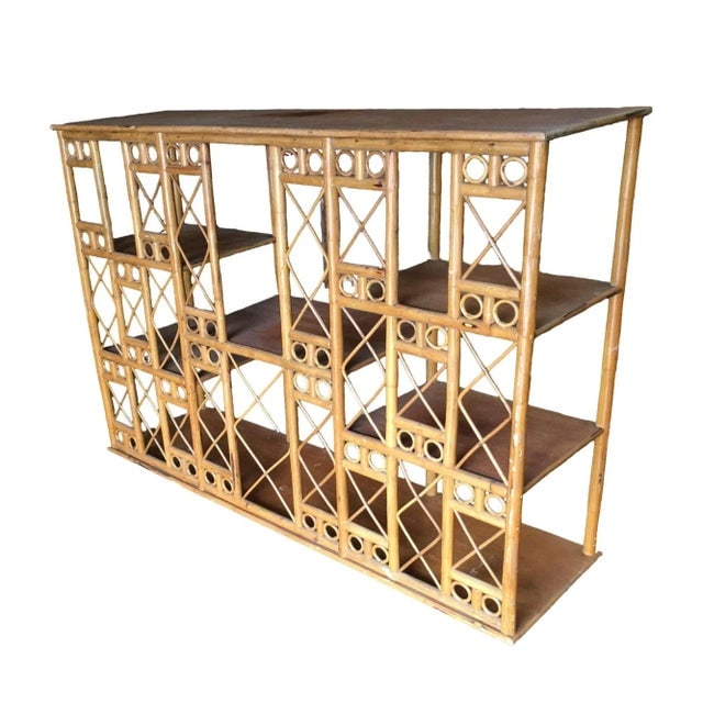 1950s Restored Rattan Seven-Tier Tic-Tac-Toe Display Shelf Wall Etagere Unit - 4