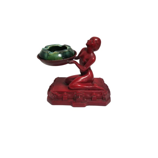 1920s Red Enamel Nuart Figure Female Ashtray With McCoy Ashtray - 4