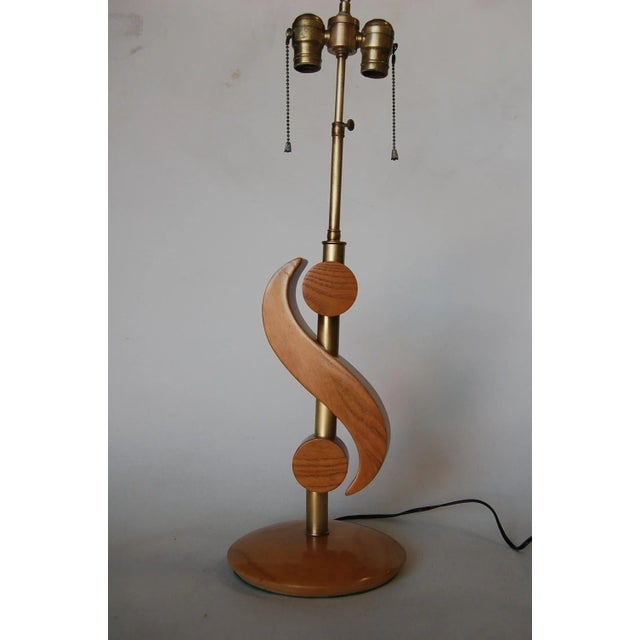 Carved Oak and Brass Biomorphic Modernist Table Lamp, Pair - 2