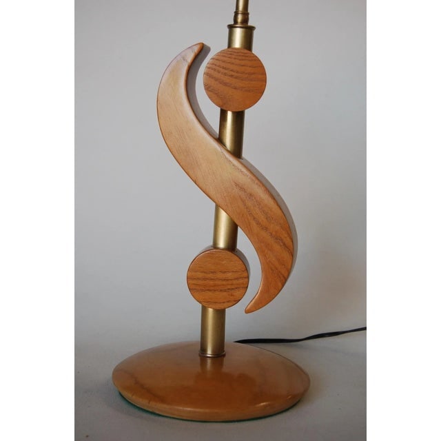 Carved Oak and Brass Biomorphic Modernist Table Lamp, Pair - 3
