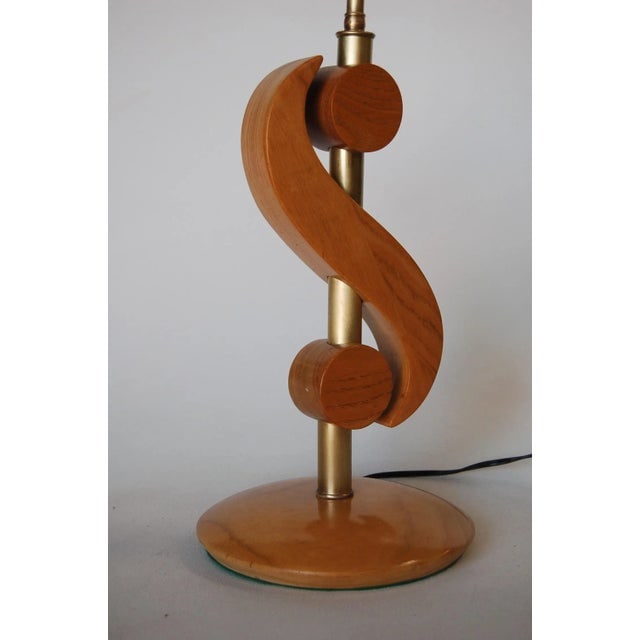 Carved Oak and Brass Biomorphic Modernist Table Lamp, Pair - 4