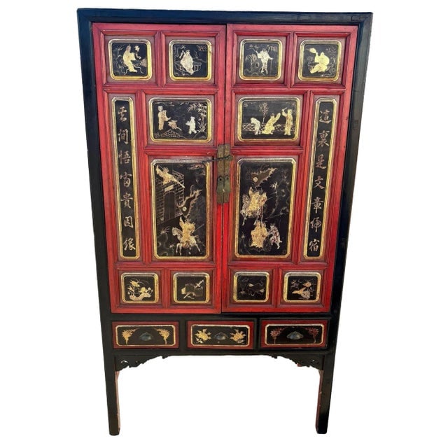 Qing Dynasty Hand Painted & Lacquered Gilt Armoire Cabinet, China - 2