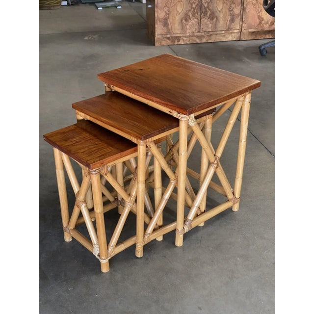 Restored Set of 3 Rattan Nesting X Side Tables With Mahogany Top - 10