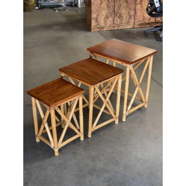 Restored Set of 3 Rattan Nesting X Side Tables With Mahogany Top - 11