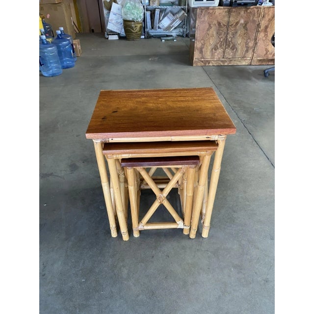 Restored Set of 3 Rattan Nesting X Side Tables With Mahogany Top - 12