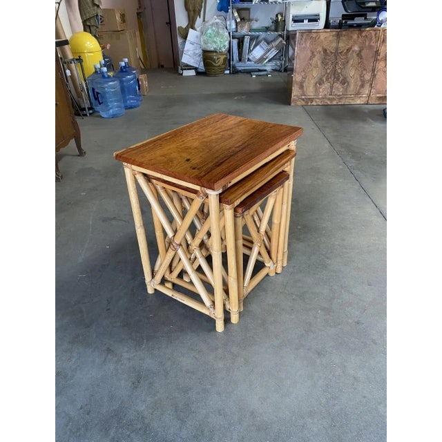 Restored Set of 3 Rattan Nesting X Side Tables With Mahogany Top - 13