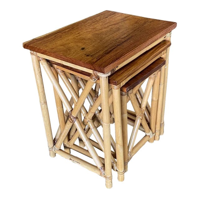 Restored Set of 3 Rattan Nesting X Side Tables With Mahogany Top (1 of 13)
