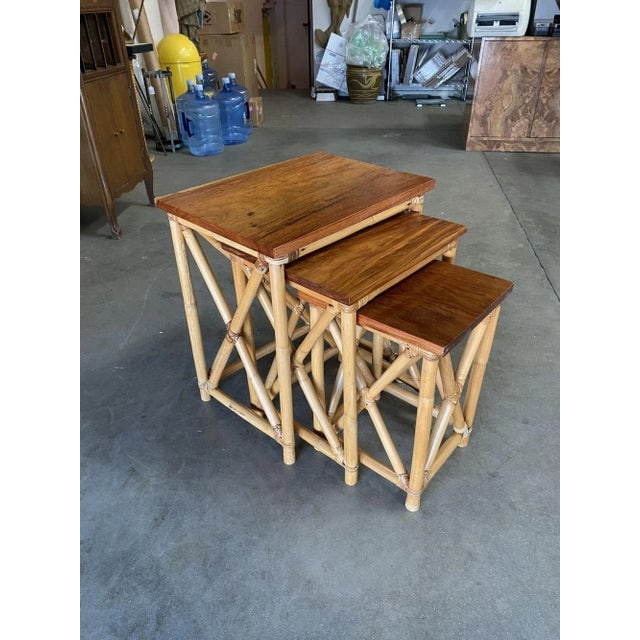 Restored Set of 3 Rattan Nesting X Side Tables With Mahogany Top - 2