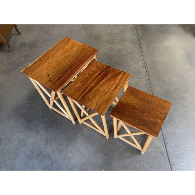 Restored Set of 3 Rattan Nesting X Side Tables With Mahogany Top - 3