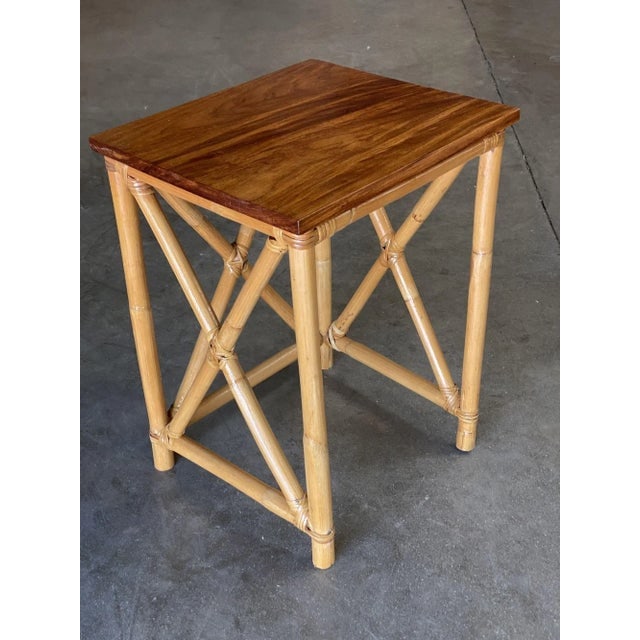 Restored Set of 3 Rattan Nesting X Side Tables With Mahogany Top - 6
