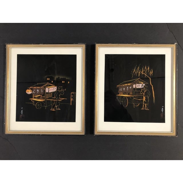 Mid 20th Century Black and Gold Rickshaw Japanese Style Scenic Signed, Pair - 2