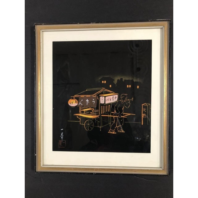 Mid 20th Century Black and Gold Rickshaw Japanese Style Scenic Signed, Pair - 3
