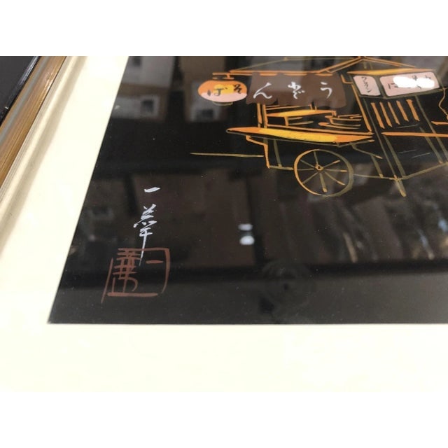 Mid 20th Century Black and Gold Rickshaw Japanese Style Scenic Signed, Pair - 4