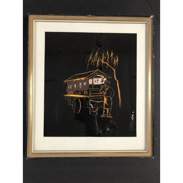 Mid 20th Century Black and Gold Rickshaw Japanese Style Scenic Signed, Pair - 5