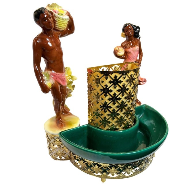Mid 20th Century Mid-Century Hawaiian Themed Brass & Ceramic Tv Lamp & Planter by Sierra Columbia - 3