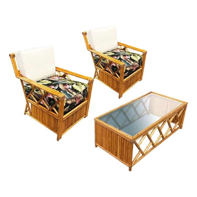 Heywood Wakefield "Oak Rattan" Lounge Chair Pair W/ Coffee Table: Title: Heywood Wakefield "Oak Rattan" Lounge Chair Pair W/ Coffee Table Description: Original Heywood Wakefield living room set featuring a pair of "Oak Rattan" lounge chairs with a matching glass top