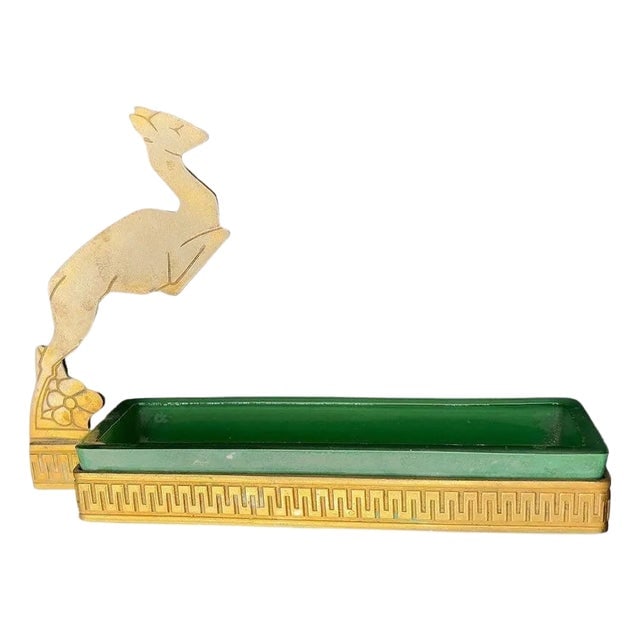 1930s Art Deco Brass & Green Glass Leaping Gazelle Ring Tray (1 of 5)
