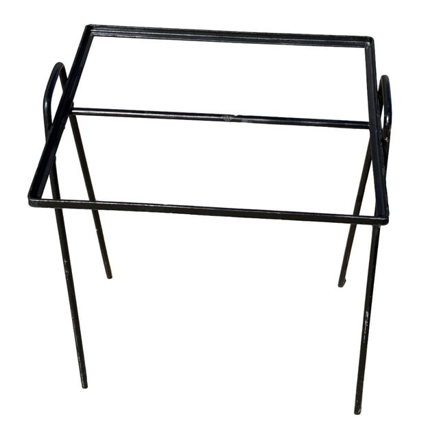 1950s Mid-Century Geometric Black Iron Patio/Outdoor Side Drinks Table W/ Glass Top - 5