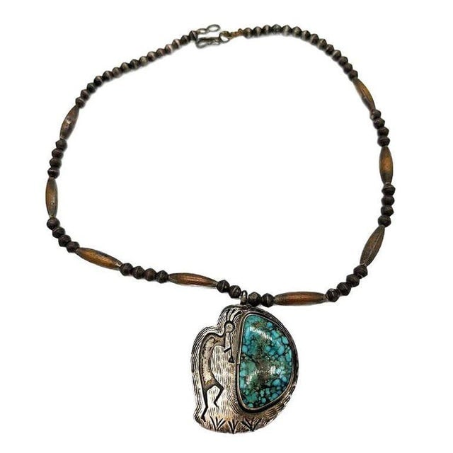 1990s South Western Navajo Kokopelli Sterling Silver Necklace W/ Large Turquoise Stone Signed R - 2