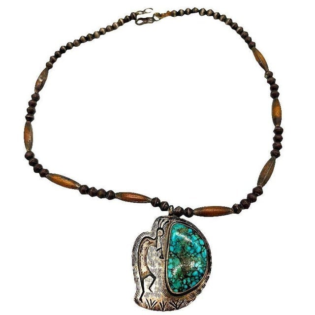 1990s South Western Navajo Kokopelli Sterling Silver Necklace W/ Large Turquoise Stone Signed R - 3