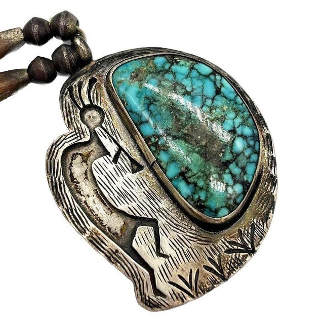 1990s South Western Navajo Kokopelli Sterling Silver Necklace W/ Large Turquoise Stone Signed R - 4