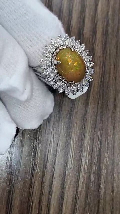 GIA certified 7.17ct natural cabochon opal diamonds cocktail ring 14kt *v - 2
