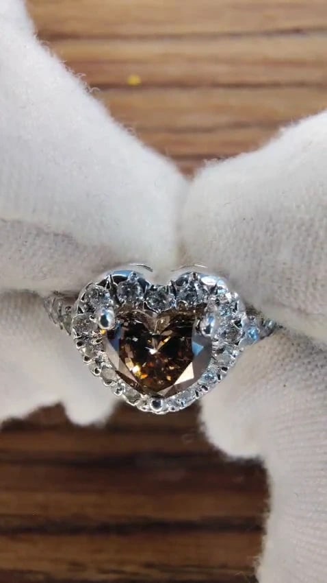 1.37CT NATURAL FANCY BRIGHT BROWN HEART CUT HALO DIAMOND RING 14KT VS *v - 2