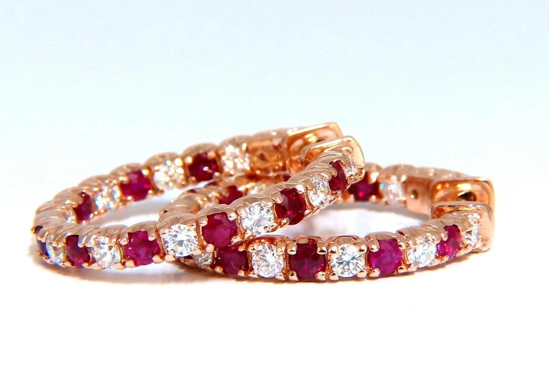 1.95ct natural Ruby diamonds hoop earrings 14kt rose gold inside out** - 6