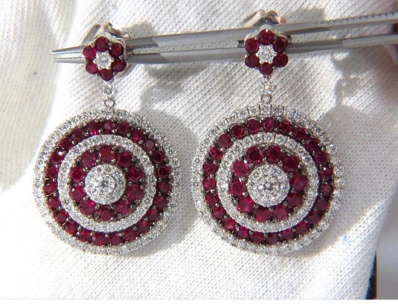 9.74ct Natural Ruby Diamond Dangling Earrings 18kt Roulette Bullseye Ref 12323** - 7