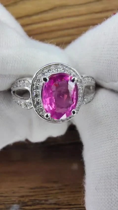 1.98ct natural vivid pink sapphire diamonds ring 18kt split shank mod *v - 2