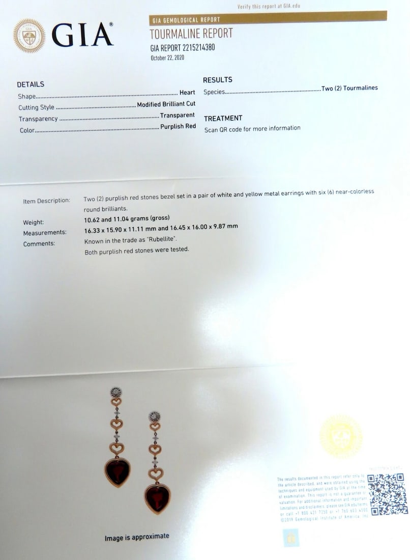 GIA Certified Natural Red Heart Tourmaline Diamonds Dangle Earrings 14k** - 10