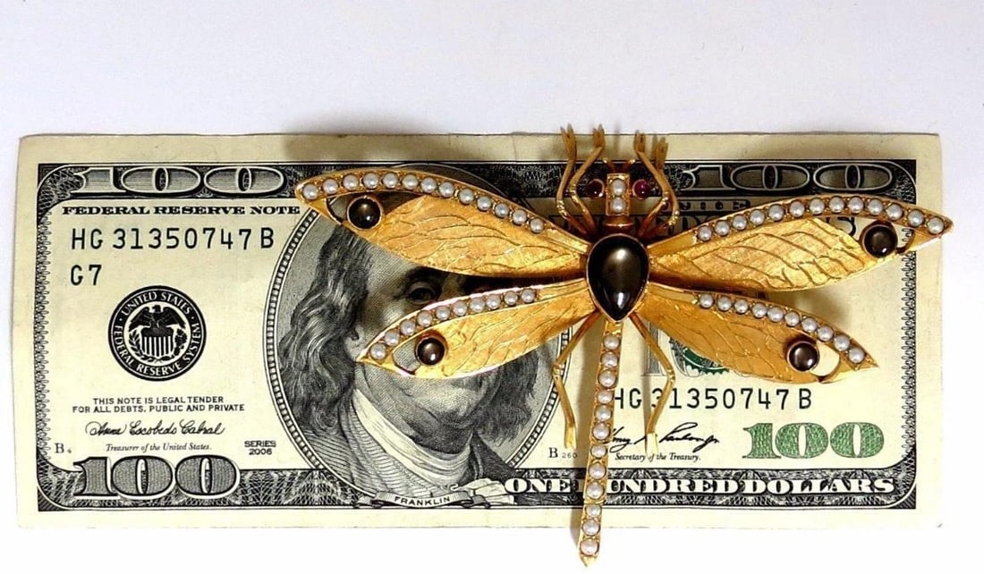 Dragonfly Natural Pearls Blackstar Brooch Pin 18Kt Gold Ref 12303** - 5