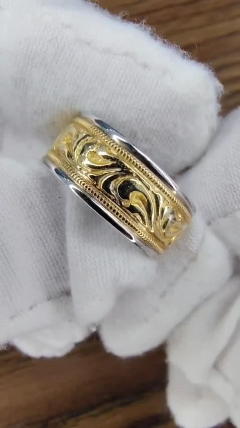 Designer Millan Graver Etched Gilt Two Toned Milligree 14kt Gold Band 8mm *v - 2