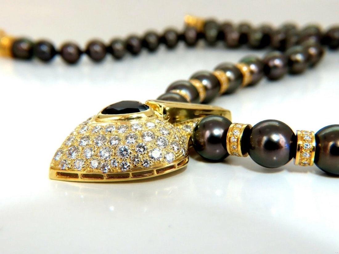 6.40ct Natural Heart Blue Sapphire Diamonds Tahitian Pearls Necklace 18 karat** - 4