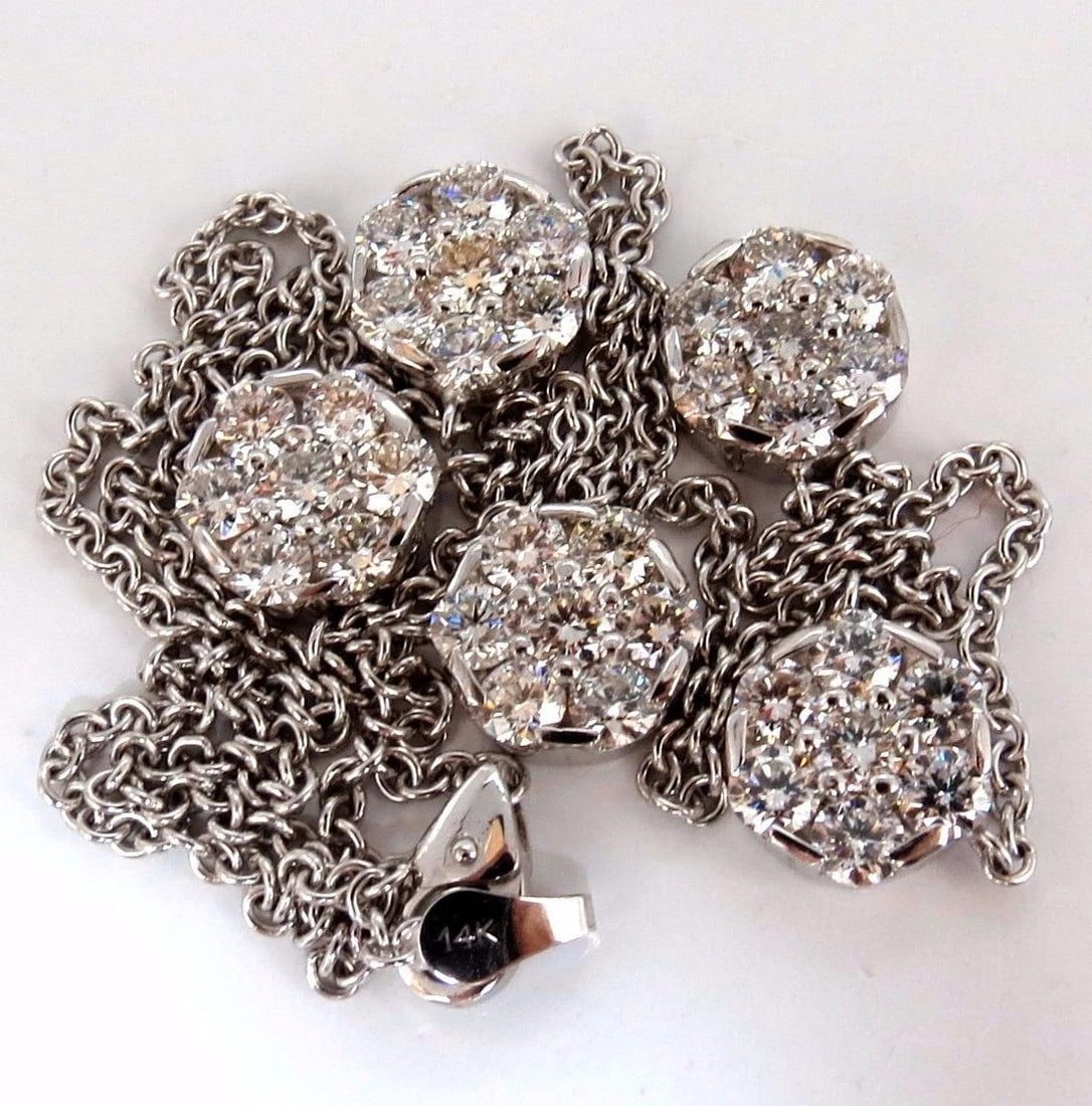 6.50ct natural diamonds (5) cluster yard necklace 14kt floretta 18 inch+**: Title: 6.50ct natural diamonds (5) cluster yard necklace 14kt floretta 18 inch+** Description: 6.50ct. (5) Clusters by Yard necklace. Full cut brilliant Round diamonds. Vs-2 Clarity. G-color. 14kt. wh