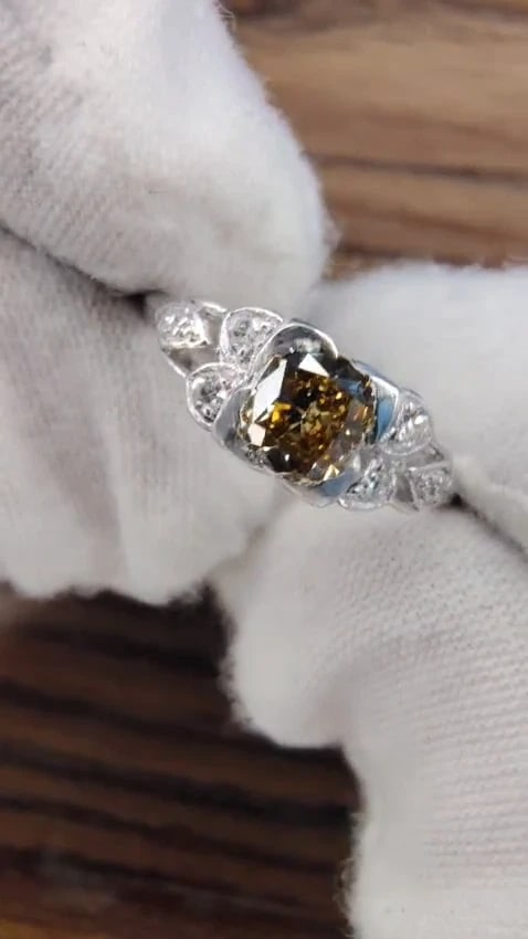 .60ct Natural Yellow Green Brown Diamond Vintage Gilt Ring Platinum *v - 2