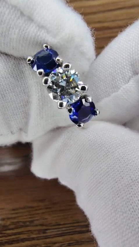 GIA Certified .82ct Natural Diamond Sapphire Three Stone Ring 14kt 54417** - 2